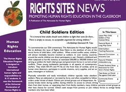 [ai] Newsletter titled 'Rights Sites News' promoting human rights education in the classroom. Includes a section on child soldiers, featuring human rights advocacy and educational resources.